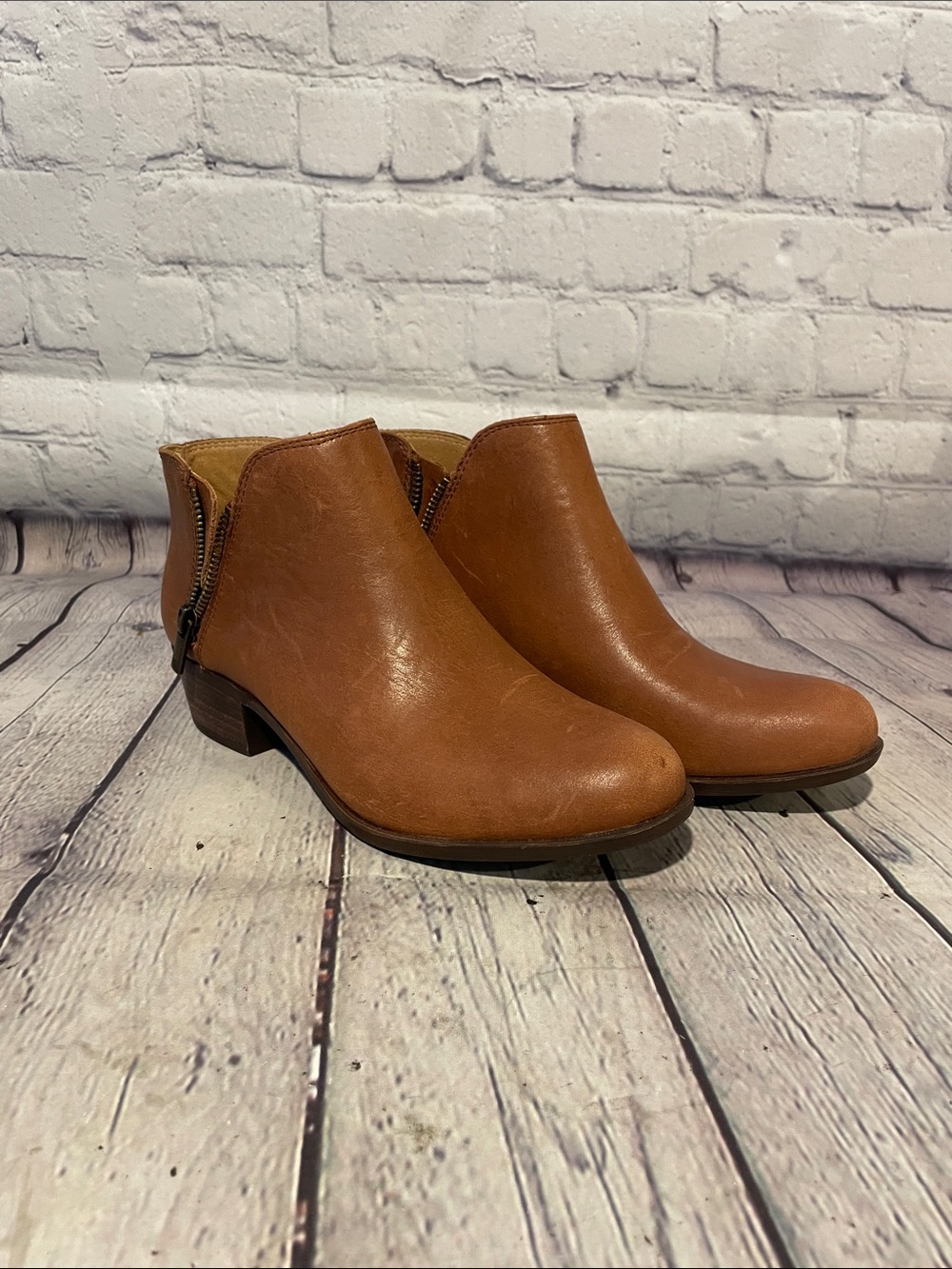 Lucky Brand Burklee Cognac Brown Low Heel Ankle Booties • 6.5